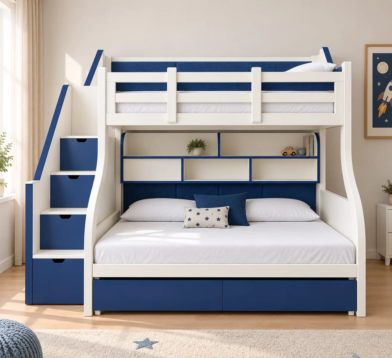 Modern Blue White Storage Bunk Bed - Main Display Photo
